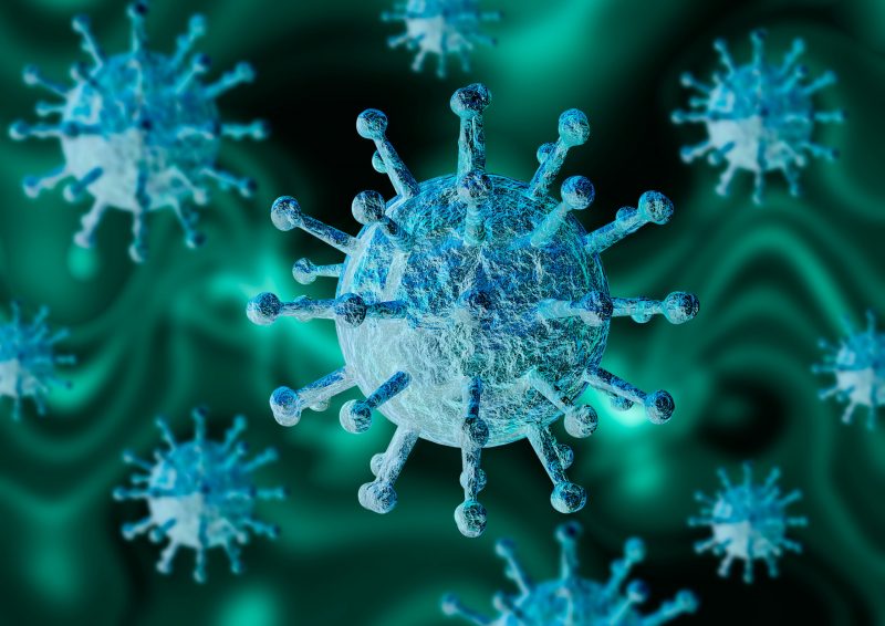 microscopic magnification of coronavirus that causes flu and chronic pneumonia leading to death. 3D rendering